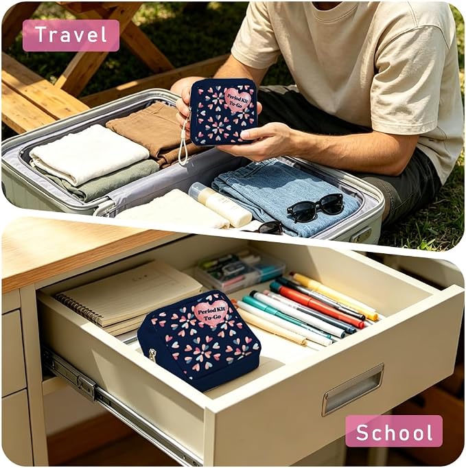 Period Bag Pouch 5.12 x 5.12 x 1.57 Inch Sanitary Napkin Storage Bag with Zipper Heart Portable Reusable Waterproof Polyester Menstrual Pad Pouch First Period Gifts for Women Daily Use