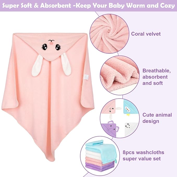 12 PCS Baby Bath Towels Set for Infants Toddlers, 4 PCS Animal Hooded Baby Towels & 8 PCS Washcloths Set, Ultra Absorbent Newborn Bath Essentials Gifts for Boys & Girls