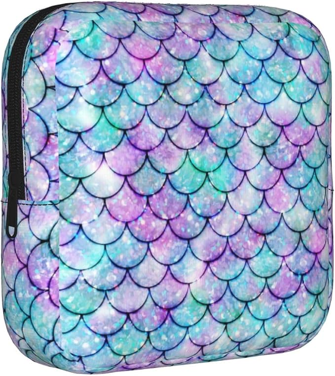 Ocean Mosaic Mermaid Scale Purple Blue Period Bag For Women,Portable Sanitary Napkin Period Pad Pouch For Purse, Small Make Up Bags