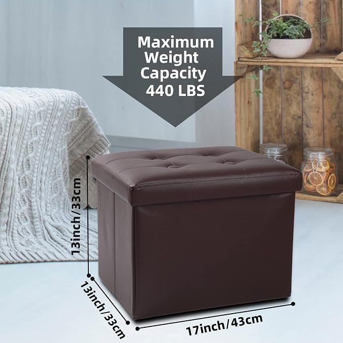 ALASDO Storage Ottoman Footrest Stool Small Ottoman with Storage Foldable Ottoman Leather Foot Rest Footstool Bench for Living Room 17x13x13inches Brown