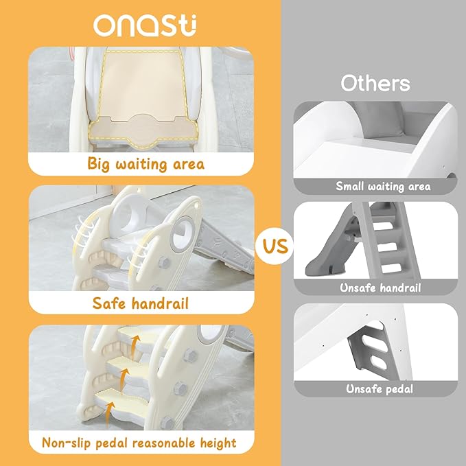 Onasti Kids Slide for Toddlers Age 1-3 Indoor Baby Plastic Slide Outdoor Climber Freestanding Playset with Basketball Hoop & Ring Game Grey