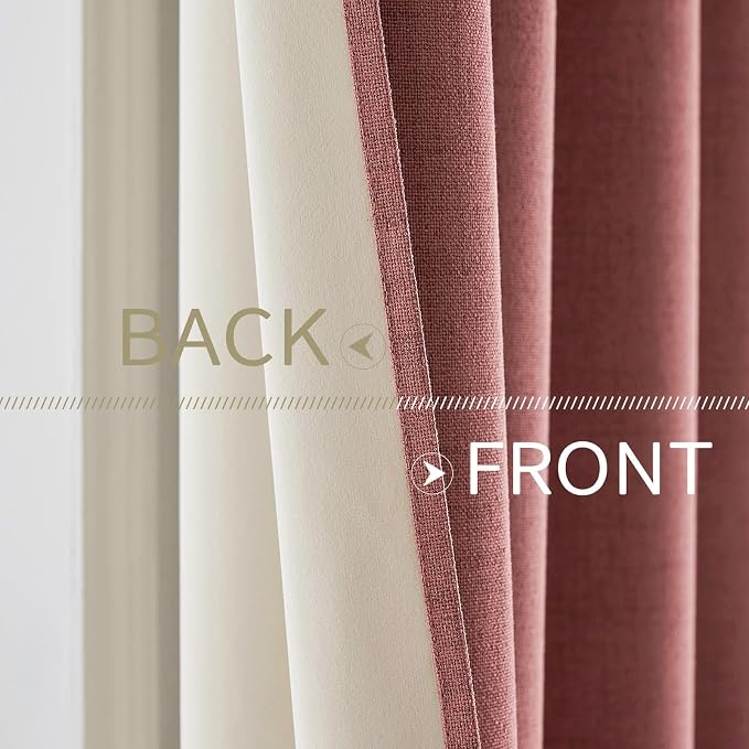 MIULEE 100% Blackout Linen Textured Curtains for Bedroom Solid Thermal Insulated Dusty Rose Grommet Room Darkening Curtains & Drapes Luxury Decor for Living Room 52 x 120 Inch (2 Panels)