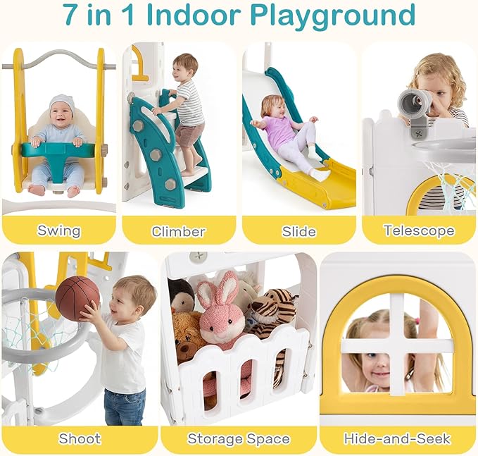 OLAKIDS Toddler Slide and Swing Set, 7 in 1 Kids Indoor Outdoor Playground with Climber Basketball Hoop Telescope Toy Storage for Boys Girls Aged 1+ (Yellow)