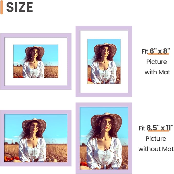 upsimples 8.5 By 11 Picture Frame, Display Pictures 6x8 with Mat or 8.5 x 11 Without, Wall Hanging Photo Frames, Purple, 1 Pack