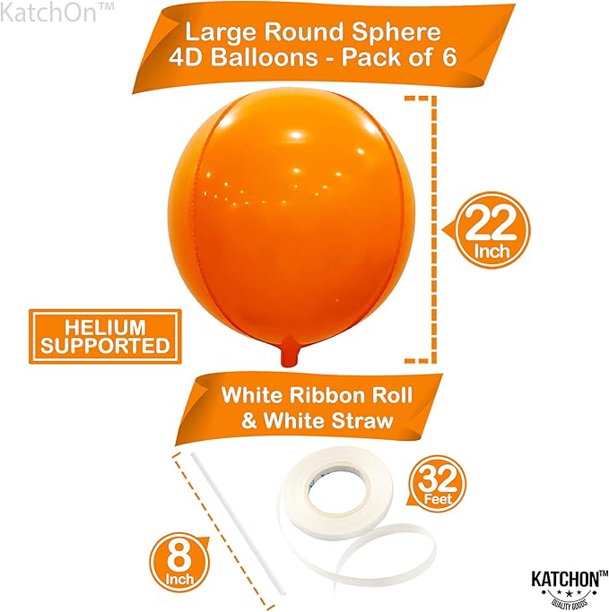 KatchOn, Orange Foil Balloons - Big, 22 Inch, Pack of 6 | 4D Foil Metallic Balloon for Thanksgiving Decorations | Mylar Balloons for Basketball Party, Birthday, Wedding, Carnival, Orange Party Decor