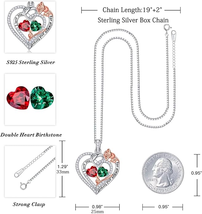 Iefil Valentines Day Gifts for Her Wife - 925 Sterling Silver Double Birthstone Necklace, Anniversary Birthday Gifts for Women, Jewelry Gift for Wife Girlfriend Mom Her