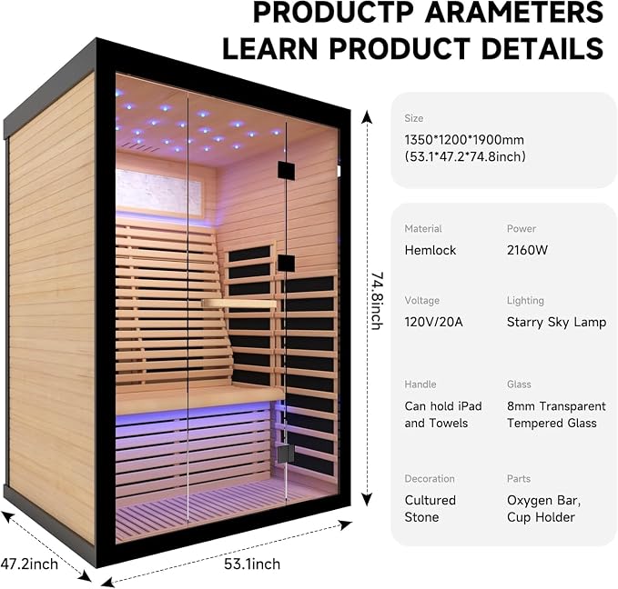 Infrared Sauna 2 Person Low-EMF Far Infrared Sauna for Home Gym Spa | Canadian Hemlock Wood Indoor Dry Saunas with Oxygen Bar, Starry Sky Lights Ceiling, Speakers -2160W 丨 53.1 * 47.2 * 74.8 in