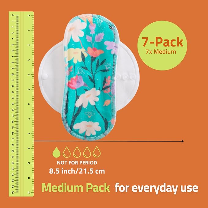 Non-Slip (Premium) Reusable Organic Panty Liners for Women & Teens (Medium 7-Pack) – Breathable High-Temp Washable Cotton Cloth Panty Liners for Vaginal Discharge – Keep You Fresh & Dry for Daily Use