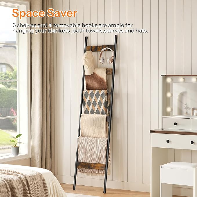 HOOBRO Blanket Ladder, 6-Tier Towel Rack with Hooks, Wall-Leaning Blanket Rack, Decorative Display Ladder Shelf, Scarves, Industrial, Living Room, Bedroom, Rustic Brown and Black BF66CJ01