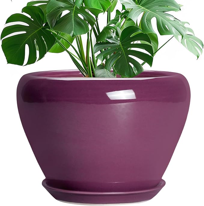 Ceramicfor 10 Inch Plant Pot - Ceramic Planter with Drainage Hole and Saucer, Round Modern Flower Pot for Indoor Outdoor Plants, Housewarming Gift, Home Garden Decor, Purple