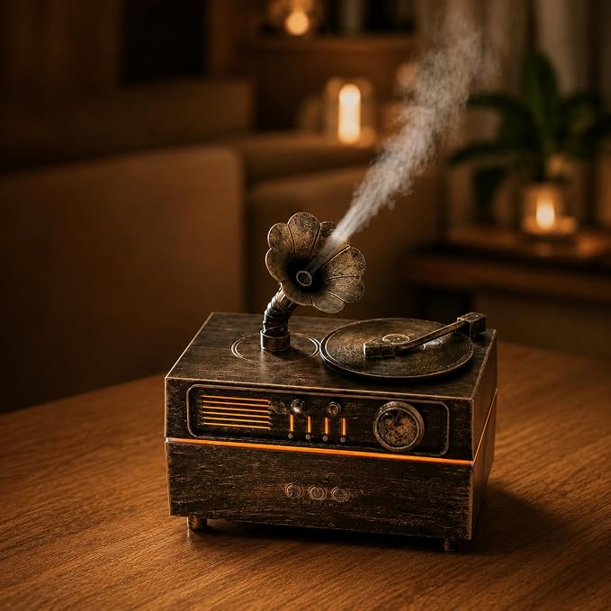 Vintage Gramophone Humidifier, 160ML Aroma Diffuser with Colorful LED Light, Remote Control, Auto Shut-Off, 3 Timer Settings, Essential Oil Diffuser for Bedroom, Office, Home Decor