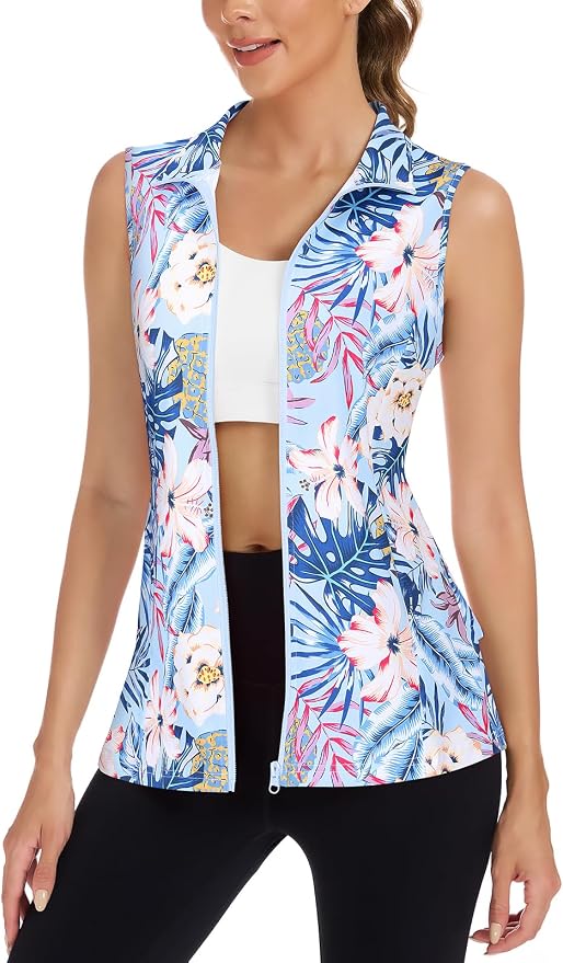 Women's Golf Vest with Pleated Tennis Skirt Hem Lightweight Full Zip Sleeveless Athletic Shirts with Pockets