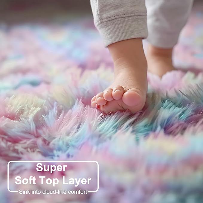 Amdrebio Rainbow Unicorn Large Area Rug 9x12 for Living Room Girls Bedroom | Fluffy Shag Soft Cute Pastel Kids Carpet, Classroom Playroom Nursery Decor, Cutecore Kidcore Aesthetic, Baby Toddler Corner