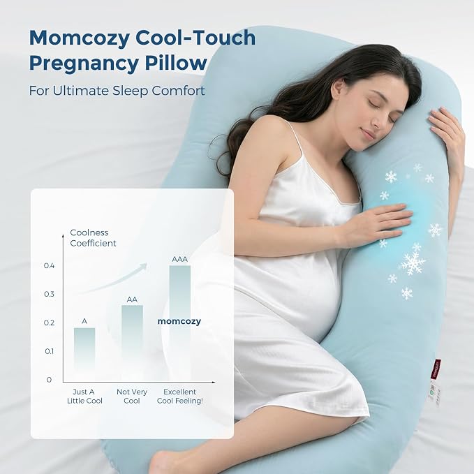 Momcozy Pregnancy Pillows with Cooling Cover, U Shaped Full Body Maternity Pillow for Side Sleepers - Support for Back, Legs, Belly, HIPS for Pregnant Women, 57 Inch Pregnancy Pillow, Mist Blue