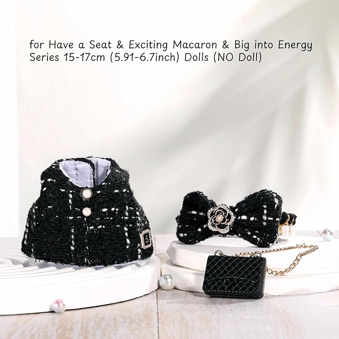 Doll Clothes for Labubu 17cm Have a Seat & Exciting Macaron & Big into Energy Series Dolls, Luxury Chic Series for 17cm Dolls Accessories (Black Dress+Hairband+Bag)