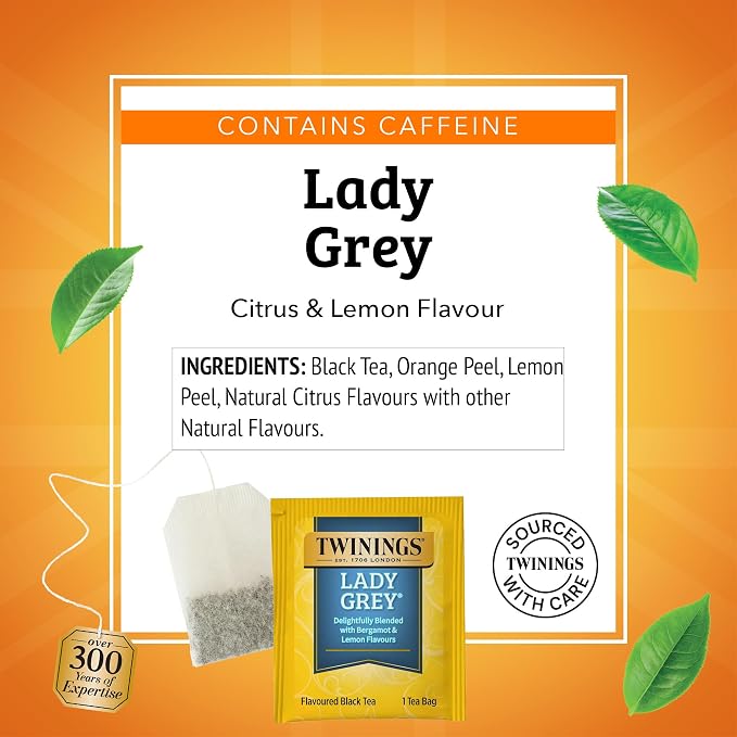 Twinings Lady Grey Black Tea Individually Wrapped Bags, 20 Count (Pack of 1), Orange Peel & Lemon Peel, Fresh and Uplifting, Caffeinated, Enjoy Hot or Iced, 20 Teabags