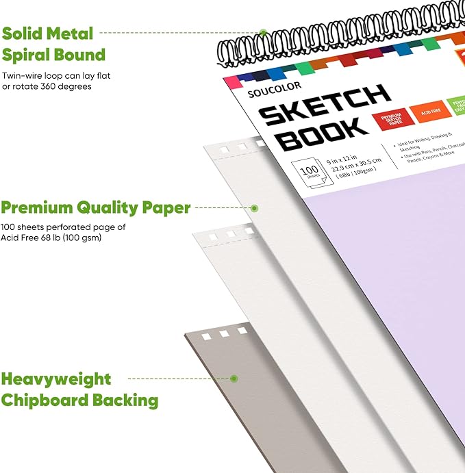 Soucolor 9" x 12" Sketch Book - 2 Packs, 100-Sheets Each (68lb/100gsm) Drawing Pad for Girls and Women - Christmas, Birthday, Thank You Gifts and Stocking Stuffers