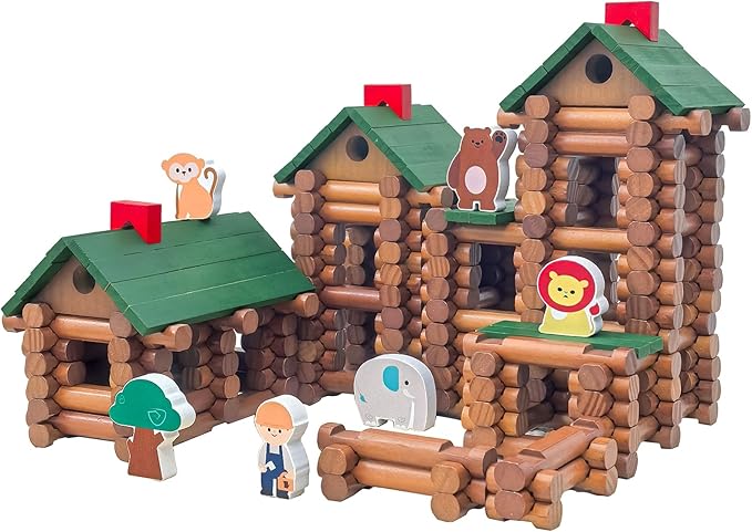 340 Pieces Wooden Log Cabin Ages 3+ Preschool Education Toy Building Log Gift for Boy/Girl Creative Construction Engineering Real Wood Logs (340PCS)