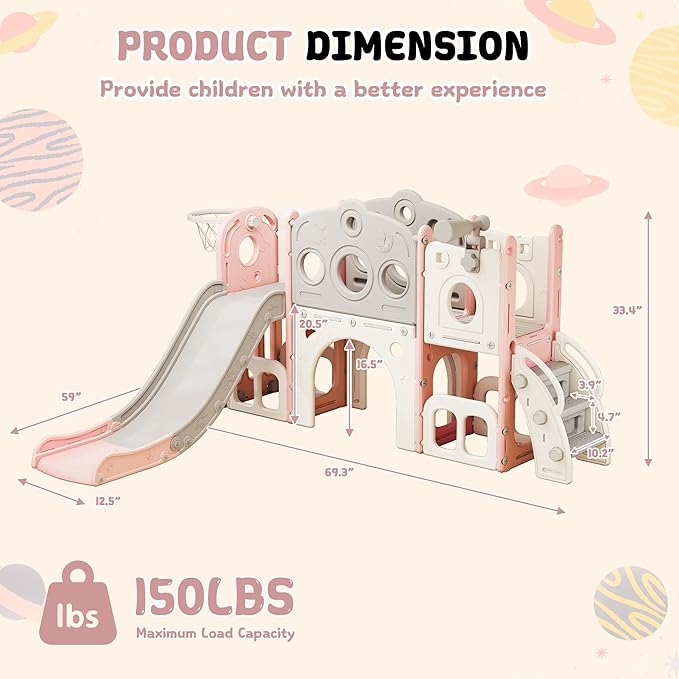 GITAWUSA 8 in 1 Toddler Slide, Outdoor Indoor Playset for Kids Baby Age 1 2 3, Childs Climber Slide with Storage Space and Non-Slip Steps, Basketball Hoopa and Telescope, Pink & White