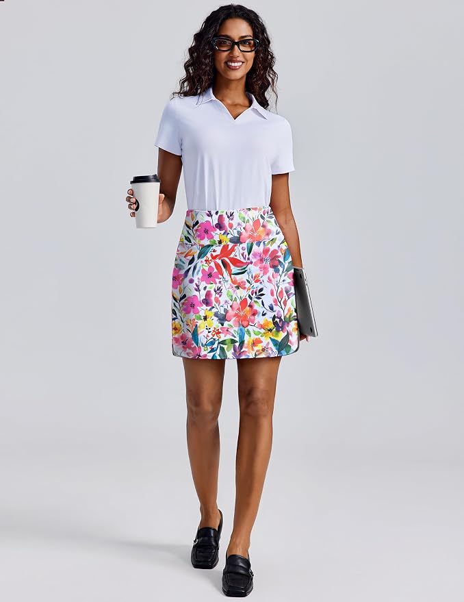 PINSPARK 18" Skorts for Woman Above Knee Length Golf Skirts 3 Pockets | High Waist, Built in Shorts, UV Protection, 4-Way Stretch, Soft, Dolphin Hem, Athletic, Tennis, Pickleabll, Casual