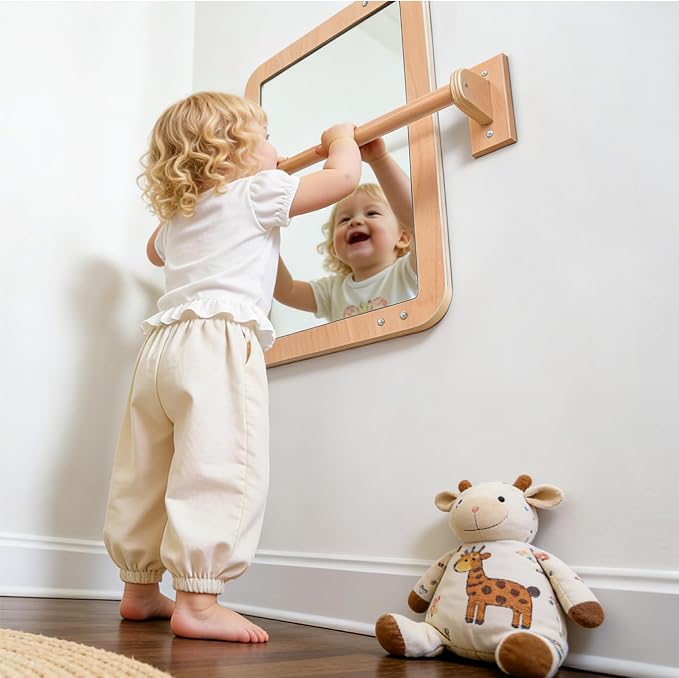 Montessori Baby 2-in-1 Shatterproof Safety Mirror with Pull-Up Bar - Infant Wall Mount & Floor Play for Tummy Time (6-18 Months)