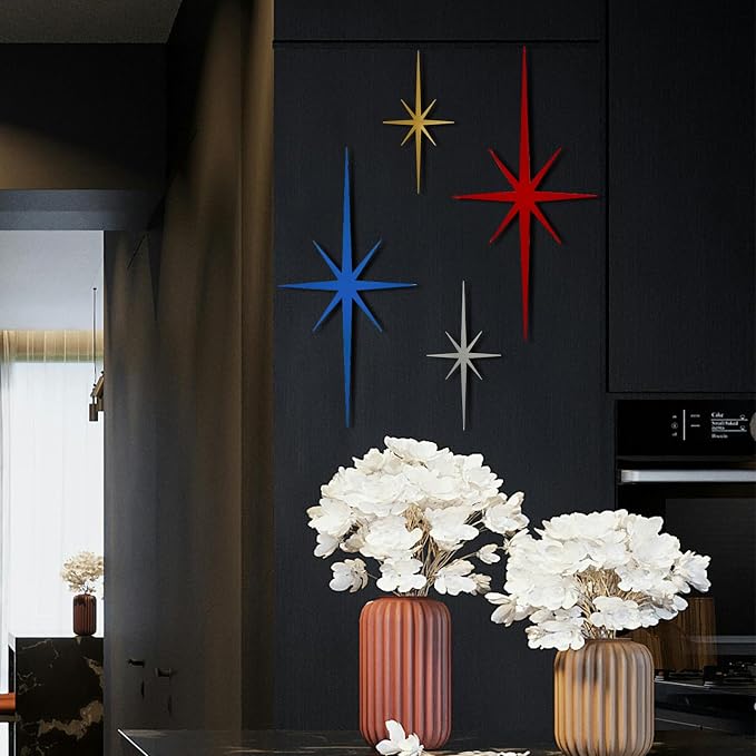 4 Pcs Star Wall Art for Home Decor Living Room Bedroom Office Metal 3D,Bling,with Hanging Hook Starburst Midcentury Sculpture Retro Gallery Accent Celestial -Gold 16.5in/9.4in