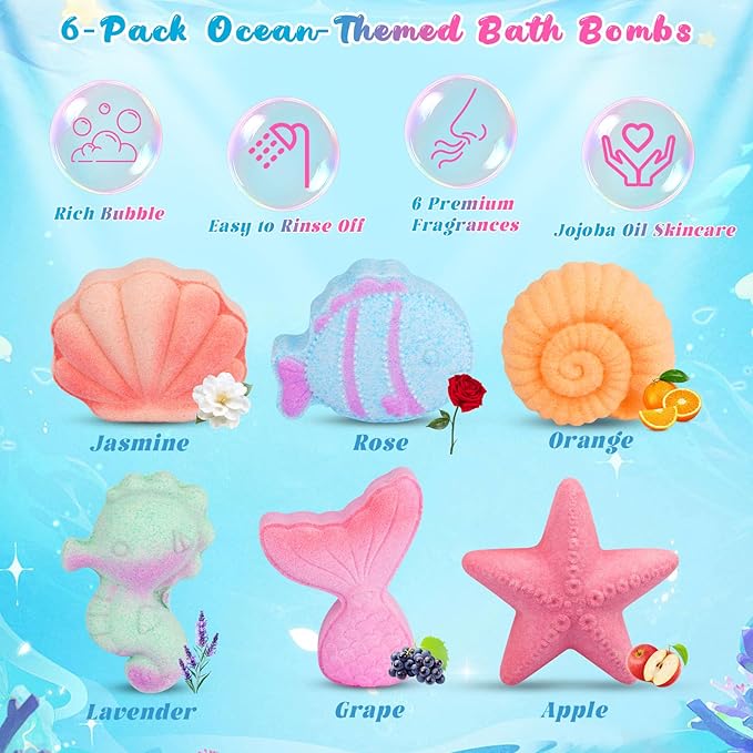 Kids Bath Bombs with Surprise Inside, 6PCS Mermaid Bath Bombs for Kids, Organic Essential Oil Bubble Bathbombs Birthday Valentines Gift for 3-8 Girls Princess Party Favors