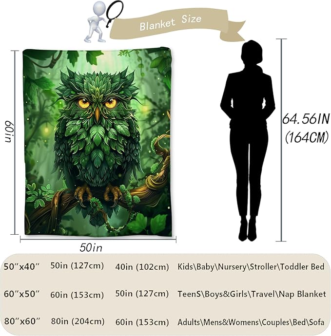 Beautiful Owl in Forest Blanket, Soft Warm Lightweight Animal Flannel Throw Blanket for Couch, Bed, Travel & Outdoor, Cozy Fluffy Fuzzy Blankets for Women Men, Home Decor 80×60 in