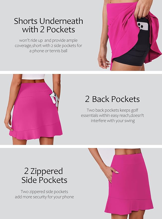 PINSPARK 18" Golf Skorts for Women with 6 Pockets Ruffle Athletic Skort | Above the Knee,High Waist,UPF 50+,4-way Stretch,Lightweight,Ruffle Hem,Tennis,Casual,Work,Pickleball