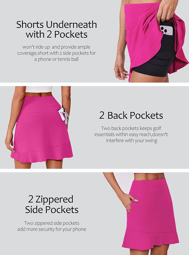 PINSPARK 18" Golf Skorts for Women with 6 Pockets Ruffle Athletic Skort | Above the Knee,High Waist,UPF 50+,4-way Stretch,Lightweight,Ruffle Hem,Tennis,Casual,Work,Pickleball