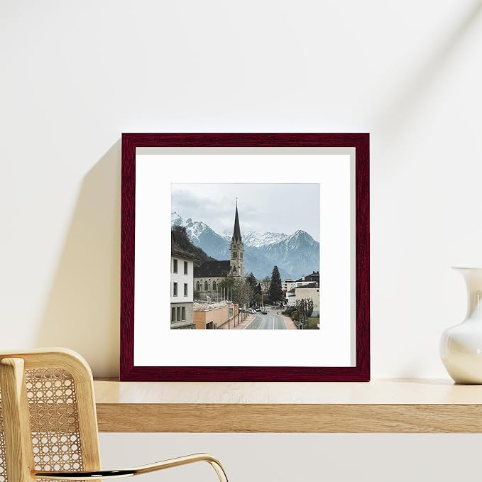 Vittanly 12x12 Picture Frames Set of 9 for Wall Mounting, Cherry Red | Display Pictures 8x8 with Mat or 12x12 without Mat for Wall Mounting, Square Photo Frames for Home Decor, Engineered Wood