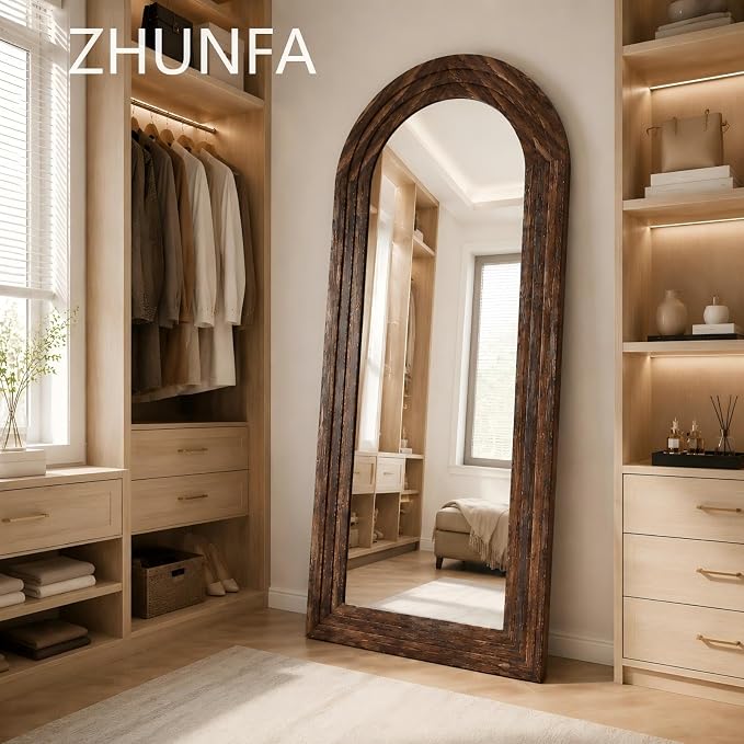 ZHUNFA Arched Full Length Mirror with Solid Wood Frame, 65x22, Brown | Farmhouse Wall Mounted Floor Mirror with Stand, Vertical Hanging, Leaning Standing for Bedroom, Living Room