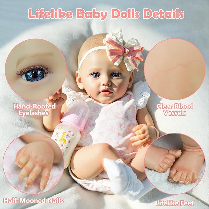 SCOM 18" Realistic Reborn Baby Girl Doll, Weighted Soft Cloth Body & Poseable Vinyl Limbs, Hand-Painted Details, Feeding Set, Lifelike Newborn Gift for Kids 3+ / Collectors