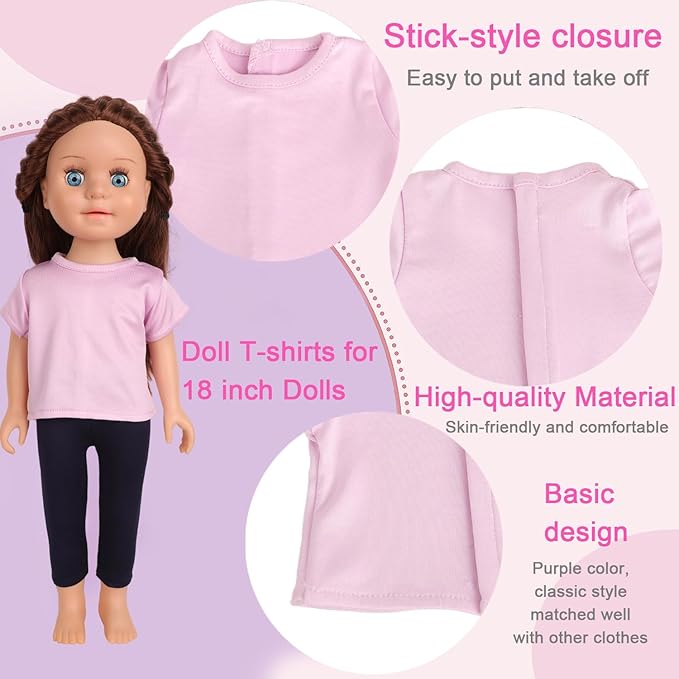 5-Pack Lavender T-Shirts for 18-Inch Bear Short-Sleeve Basic Tees, Fits 18" Bear Doll Clothes (Lavender)