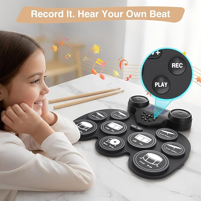 Electric Drum Set with 7 Colorful LED Light Patterns, Enhanced Rebound Feel Electronic Drum Kit Featuring 9 Pads, Bluetooth MIDI, and Dual Speakers, Family Gift for Kids and Adult Beginners