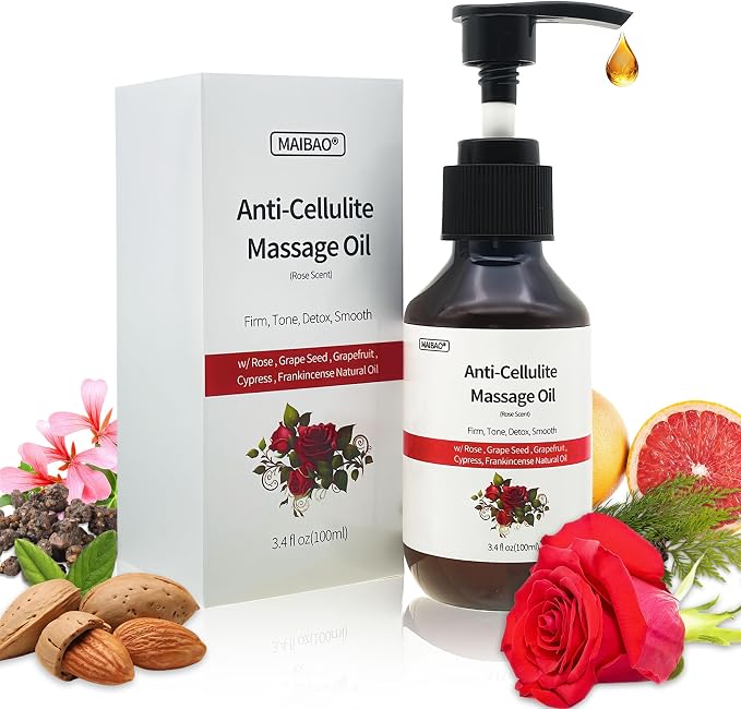3.4 fl oz Anti-Cellulite Massage Oil with 7 Pure Natural Essential Oils for Body Massage Therapy, SPA, Tightening Skin and Reducing Stretch Marks(Rose Scent)
