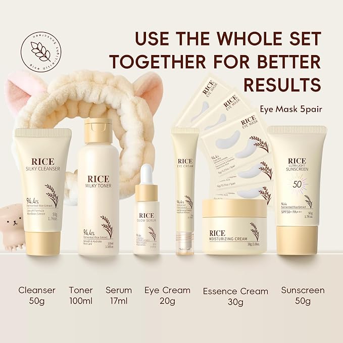 15PC Luxury Rice Korean Skin Care Set Gift Kit for Women, Glass Skin | Luxury rice skincare gift set with cleanser, toner, serum, sunscreen, eye masks, brush, headband, bag & card for glass glow