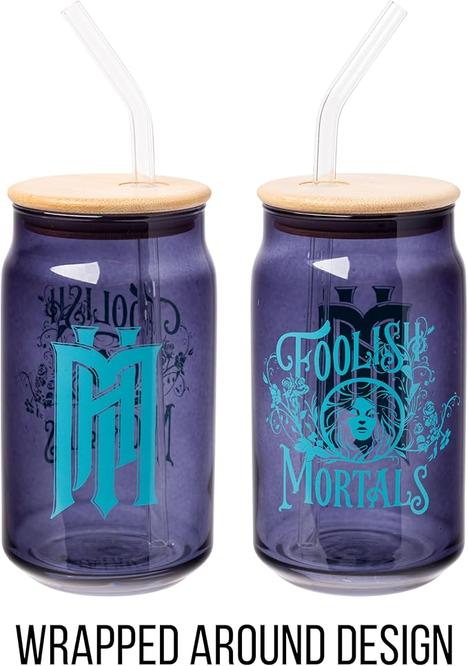 Silver Buffalo Disney Haunted Mansion “Foolish Mortals” Featuring Madame Leota Glass Jar Tumbler with Bamboo Lid and Glass Straw, 16 Ounces