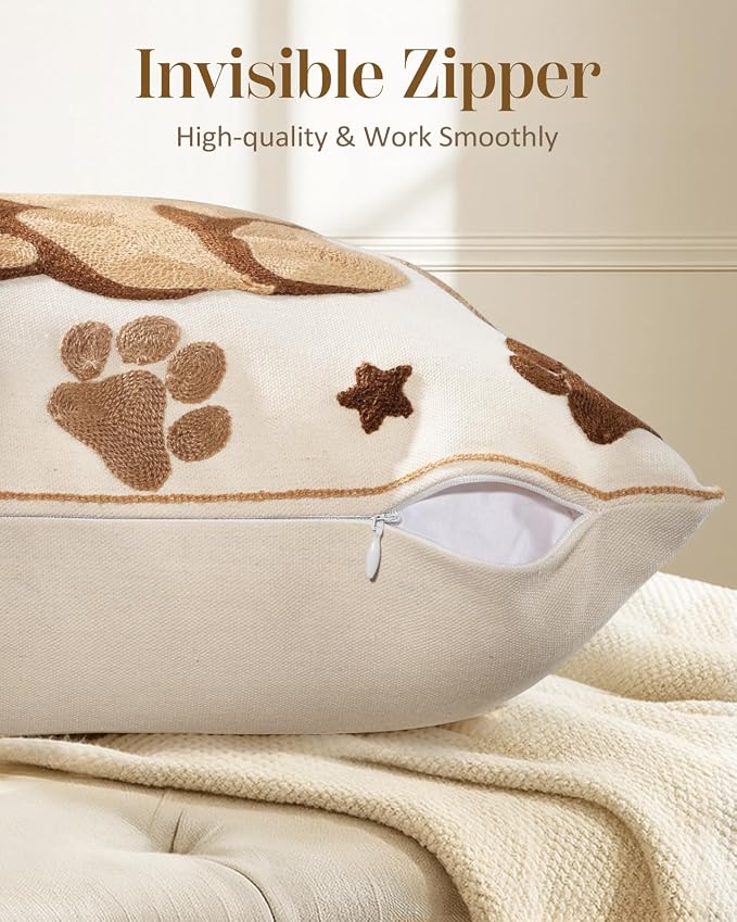 Animal Embroidered Throw Pillow Cover 18x18 Inch, Cute Dog | Decorative Pillow Cover, Country Cushion Cases with Hidden Zipper, Farmhouse Decor for Couch, Sofa, Living Room, Bed