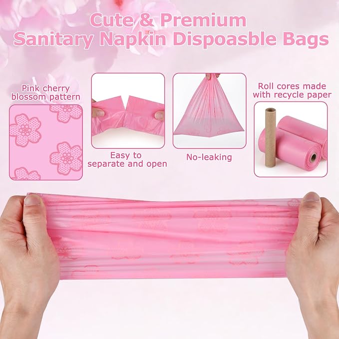 300PCS Cherry Blossom Scented Sanitary Napkin Disposal Bags, Pink Disposable Sanitary Bag Personal Care Disposal for Tampons Trash Bag, Disposable Mini Bags for Women Privacy Handling Bag Diaper Sack