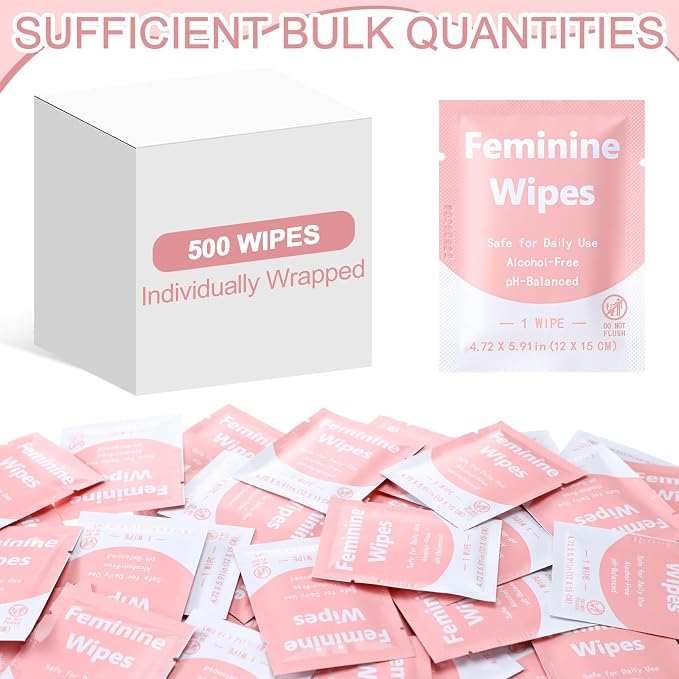 Leelosp 500 Pieces Feminine Wipes Individually Wrapped Women Travel Size Bulk Unscented Intimate Wipes Mild Private Parts Ph Balanced for Travel Bathroom Toilet Daily