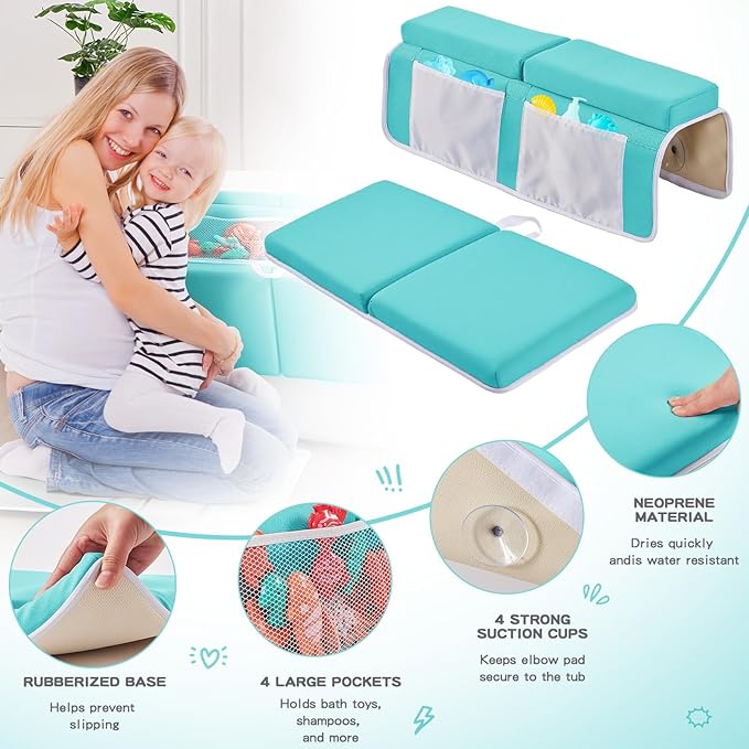 Baby Bath Kneeler and Elbow Rest Pad Set,Bath Kneeling Pad Thick Soft Quick Dry Bathtub Mat for Bathing Time,Baby Essentials Memory Foam with Toys Organizer Gifts for Parents,Green