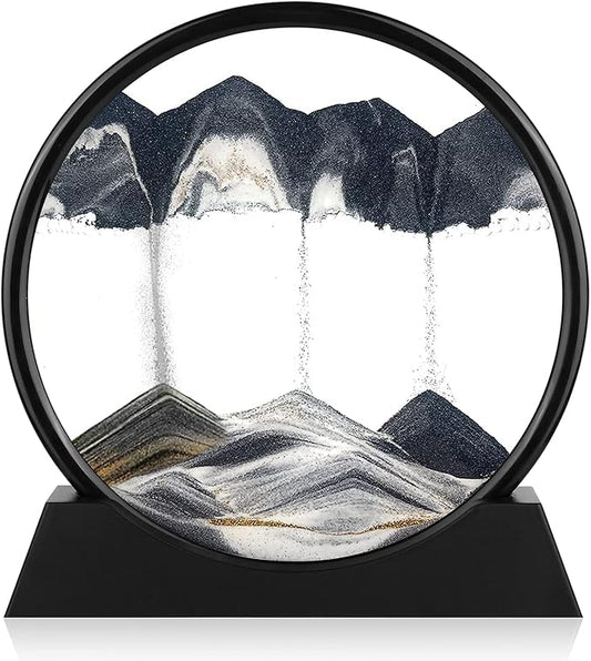 Moving Sand Art Picture - 3D Quicksand Painting Decor - Round Glass 3D Deep Sea Sandscape - Relaxing Home Decoration Desk Toys for Home Office Desk Mantle Bookshelf- (Black, 12 in)