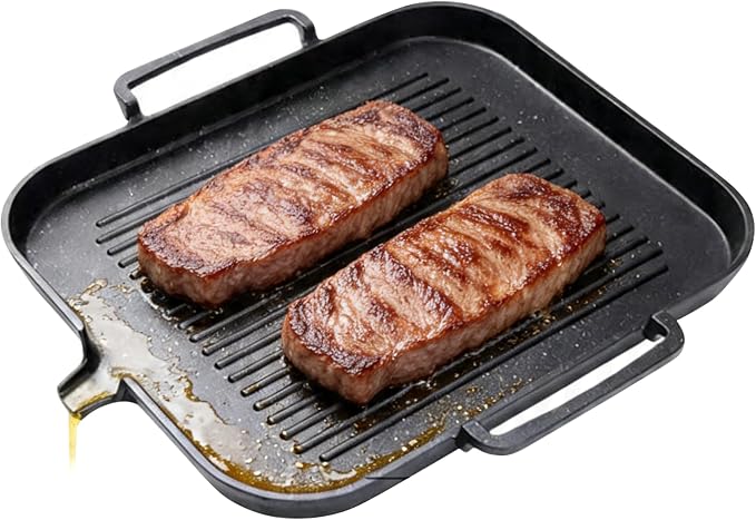 Nonstick Korean BBQ Grill Pan, Square | Marble nonstick square griddle for 3-5, fits gas,induction,stovetop, oil drain, gloves, easy clean BBQ, indoor