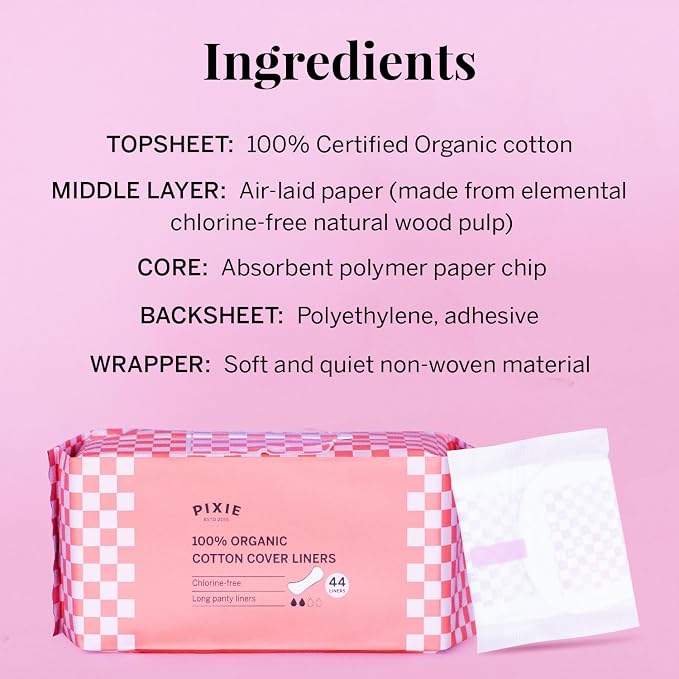 Pixie Organic Cotton Panty Liners for Women - Long Wrapped Pantiliners - Light Absorbency & Ultra-Thin - Leak-Proof, Hypoallergenic & Unscented for Feminine Care - Compostable - 44 Count