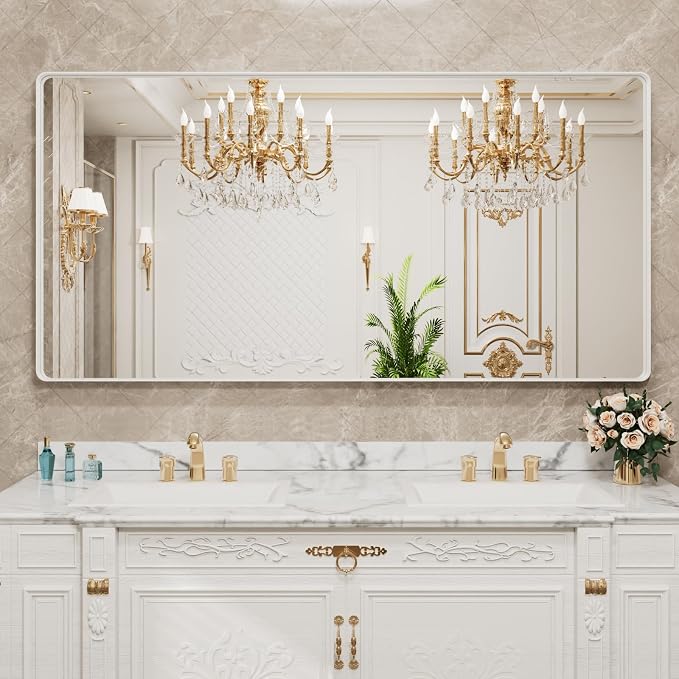 LOAAO 72x40 Inch White Metal Framed Bathroom Mirror for Wall | Rounded Rectangle Mirror, Anti-Rust, Tempered Glass, Hangs Horizontally or Vertically