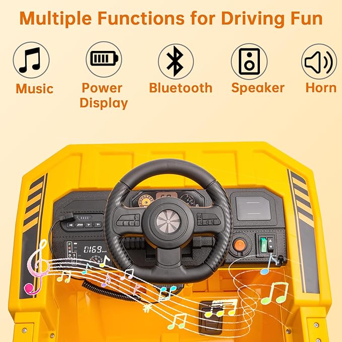 POSTACK 12 Volt Kids Ride on Toy, Ride on Construction Vehicle with 2 Powerful Motors, 1 Seater Kids Electric Car with Remote Control and Shovel,Bluetooth, Music,3 Speeds, Yellow