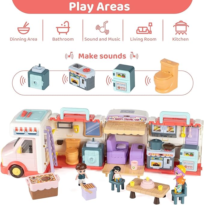 Doll House Toys for Girls 3 4 5 6 7 8+ Year Old, Transformable House Pretend Play Set Dollhouse Inertia Vehicle with Sound and Music for Birthday Gifts 3+