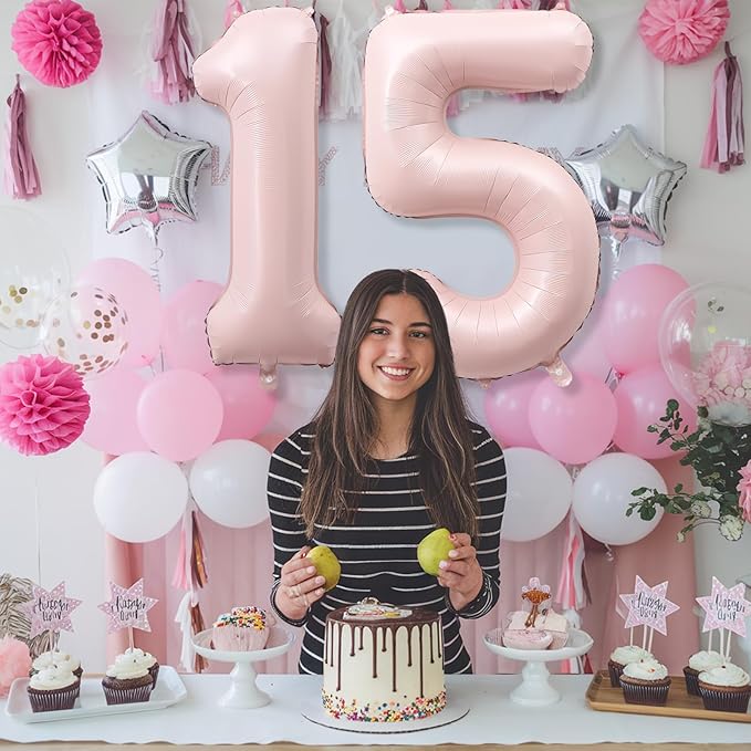 Foil 15 Balloon, Dusty Light Blush Pink Big Number 15 Balloons for Girls Birthday Party Decor, 40 Inch Mylar Self Inflating Number 15 Pastel Baby Pink Balloon for Women 15th Birthday Party Decorations