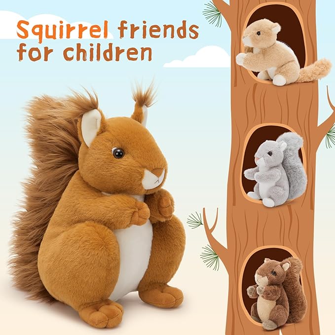 MaoGoLan 4Pcs Squirrels Plush Toys with 3 Baby Squirrels, Realistic Stuffed Animals for Small Hand, Adorable Squirrel Plushie Gift for Forest Animal Lover,Girls,Boys,Kids,Baby Shower,Brown